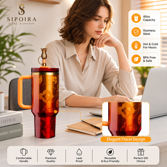 High-quality 40oz Gold Tumbler with Handle Insulated Stainless Steel Travel Coffee Mug with Straw&Lid Large Water Bottle Cup