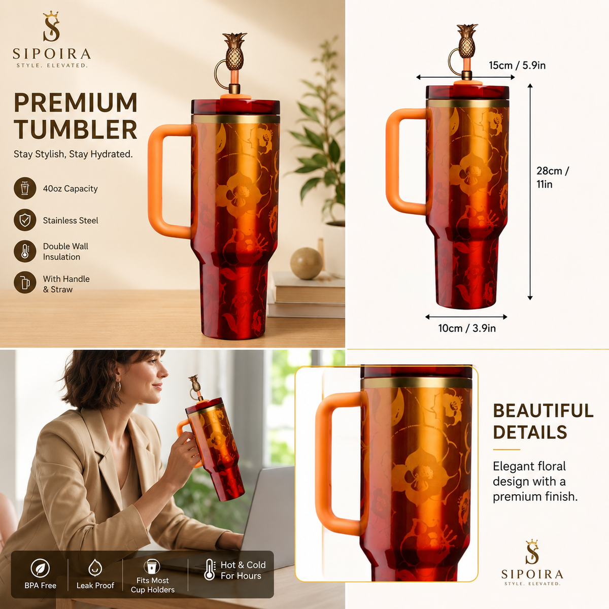  High-quality 40oz Gold Tumbler with Handle Insulated Stainless Steel Travel Coffee Mug with Straw&Lid Large Water Bottle Cup