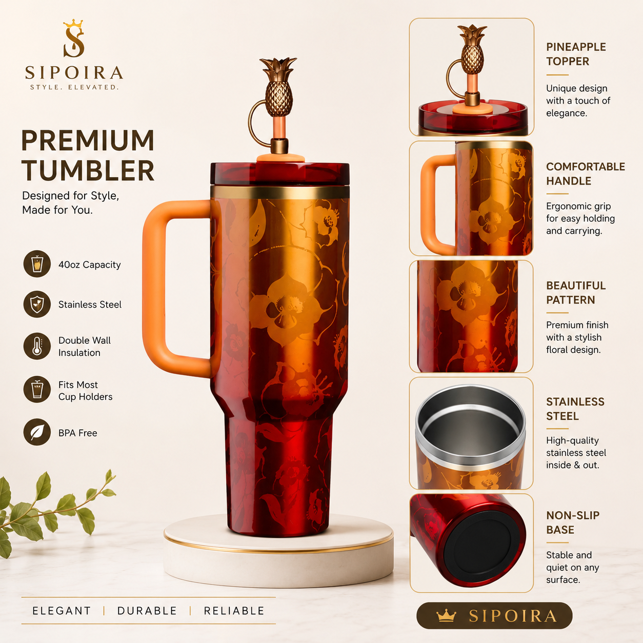  High-quality 40oz Gold Tumbler with Handle Insulated Stainless Steel Travel Coffee Mug with Straw&Lid Large Water Bottle Cup
