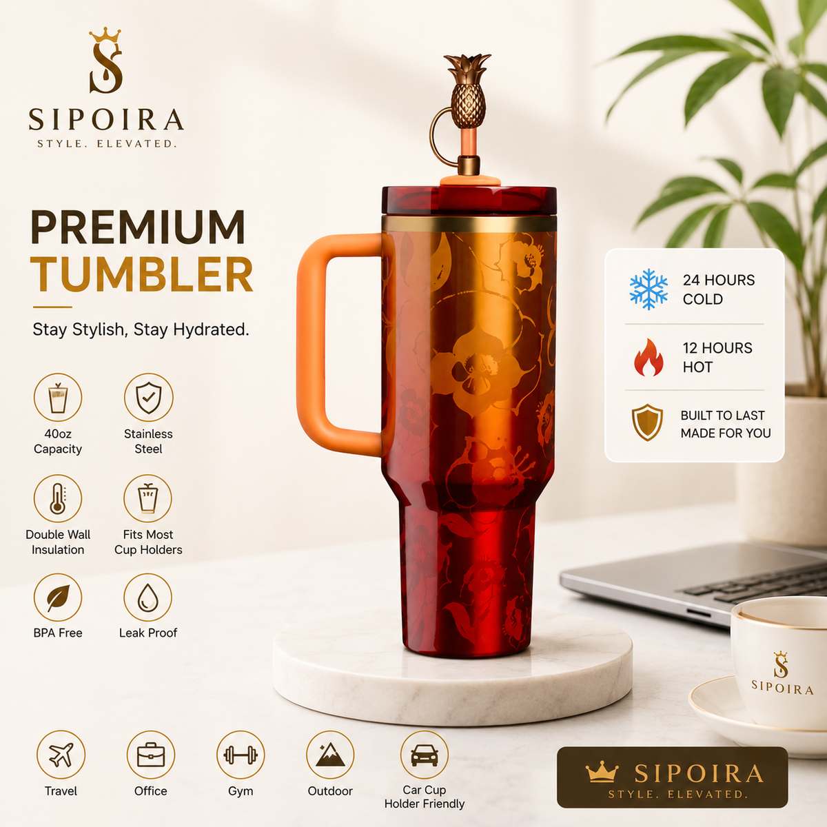  High-quality 40oz Gold Tumbler with Handle Insulated Stainless Steel Travel Coffee Mug with Straw&Lid Large Water Bottle Cup
