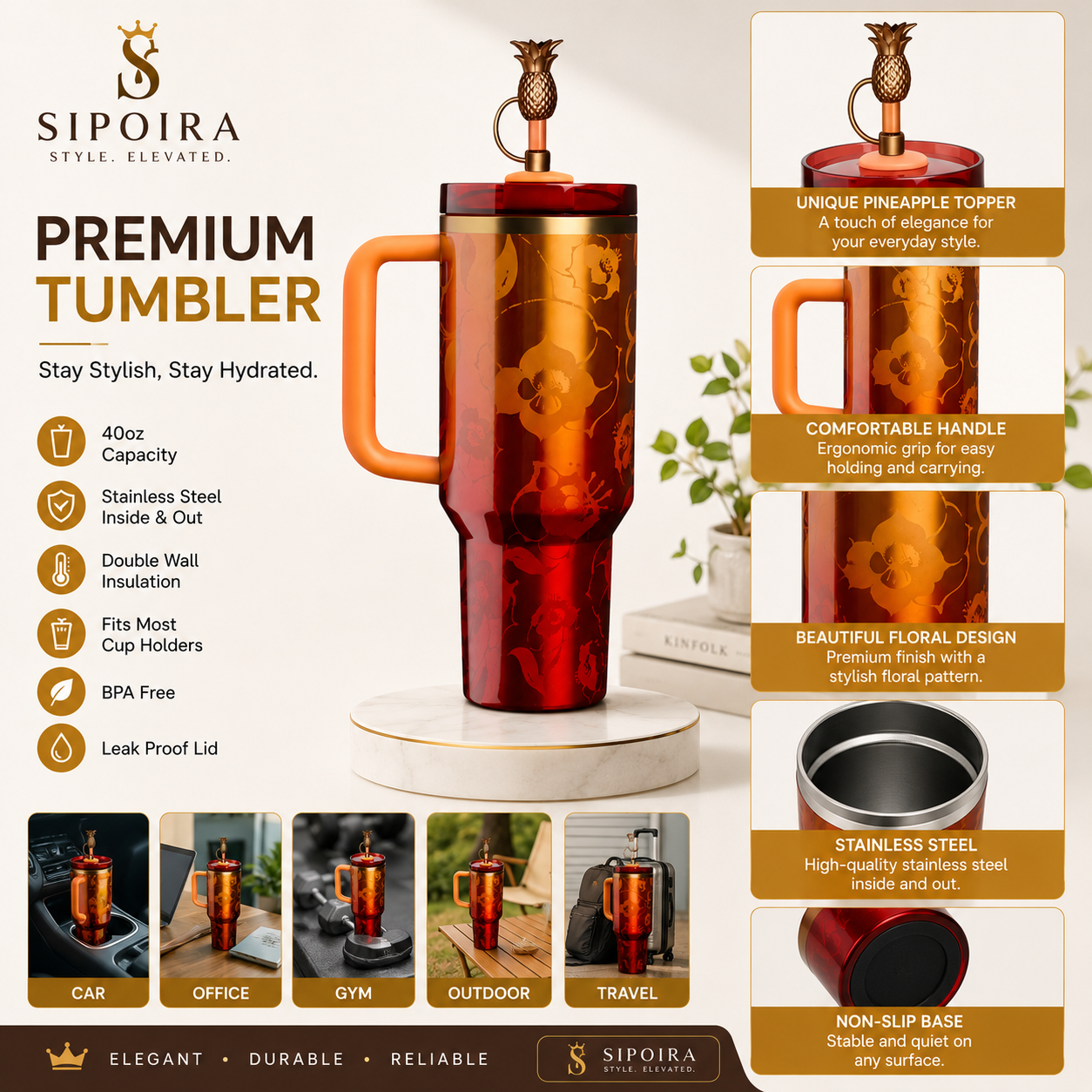  High-quality 40oz Gold Tumbler with Handle Insulated Stainless Steel Travel Coffee Mug with Straw&Lid Large Water Bottle Cup