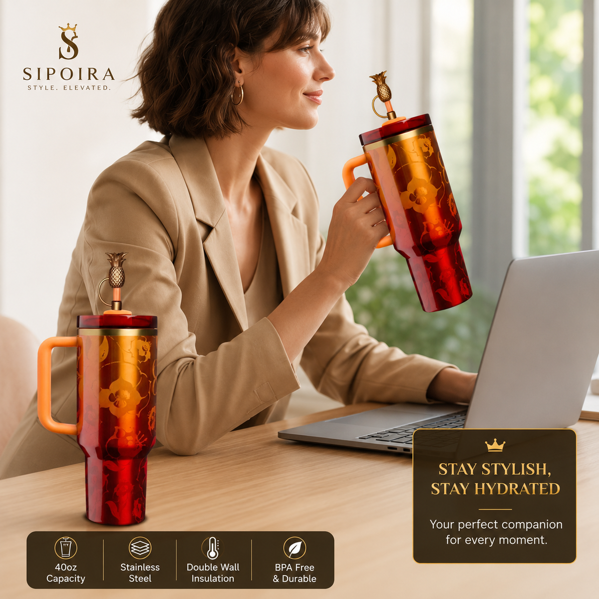  High-quality 40oz Gold Tumbler with Handle Insulated Stainless Steel Travel Coffee Mug with Straw&Lid Large Water Bottle Cup